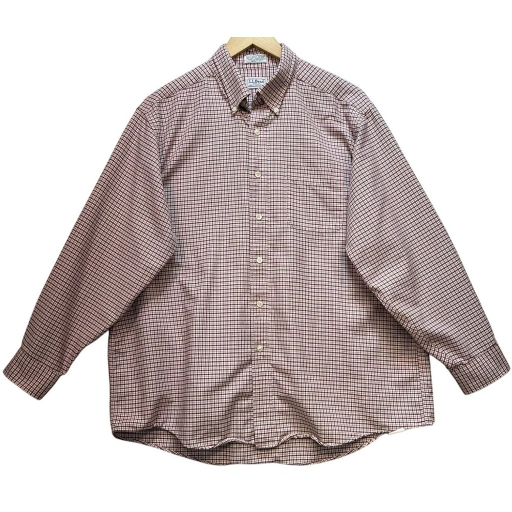 LL Bean Mens Button Down Shirt Long Sleeve Stretch Sz 17-33 Burgundy White Plaid